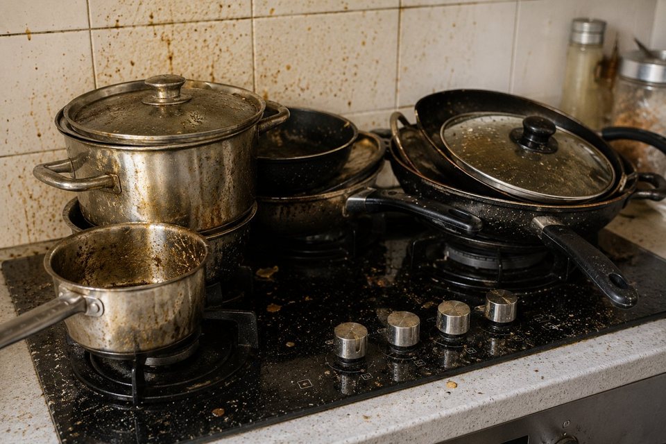 Vervuilde keuken met vastgekoekt vet